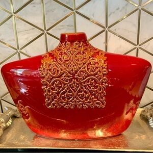Oxblood Red Ceramic Glazed Vase Embossed Detail Oriental Asian Rectangular Curvy